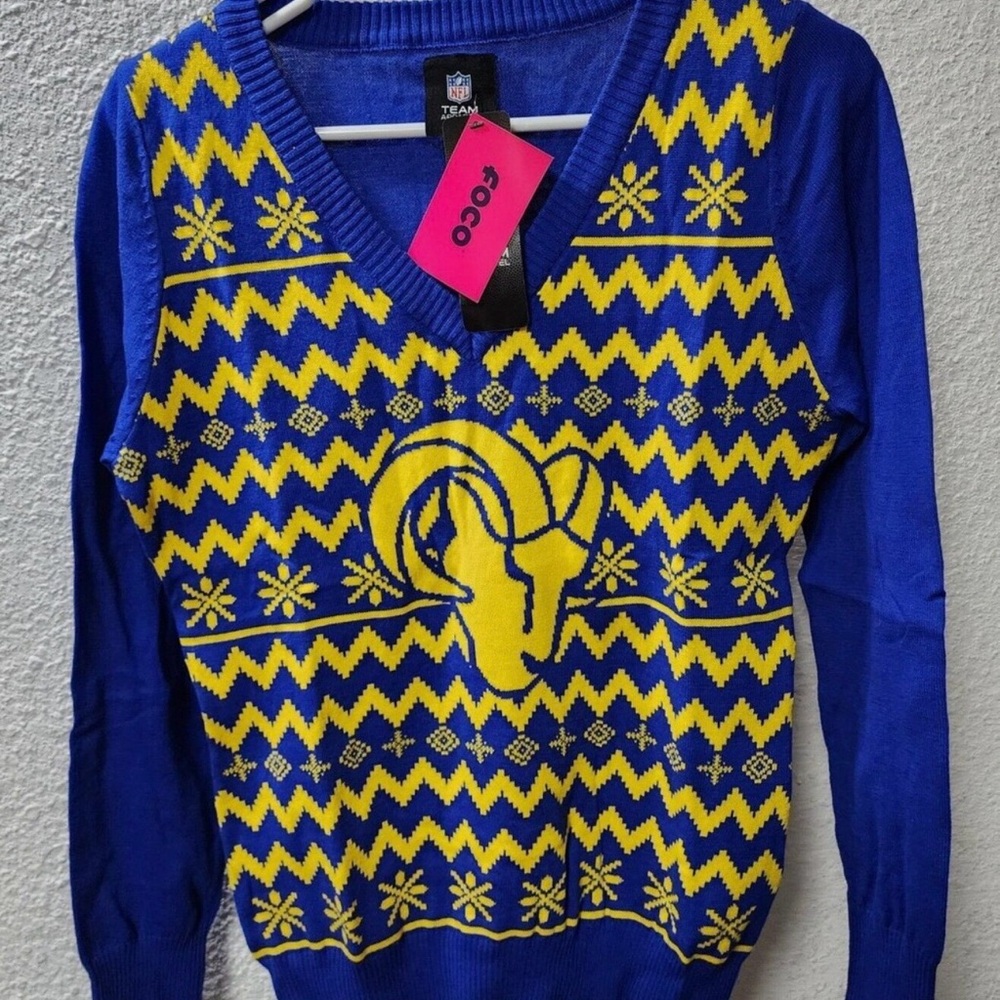 FOCO Women's NFL Team Logo Ugly Holiday V-Neck Sweater, Blue/Yellow, Large